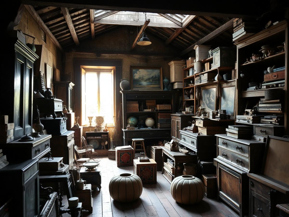 Grenier ancien encombré de meubles et d'objets avant un débarras
